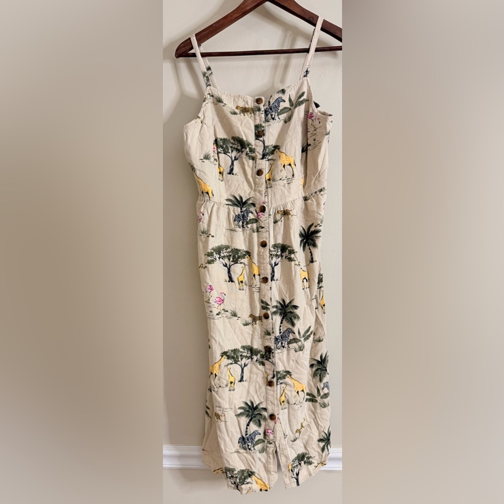 Old navy Safari Print tan Dress linen blend size large - Picture 2 of 8
